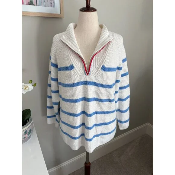 Talbots Size 2X White & Blue Striped 1/4 Zip Mock T Pullover Sweater - Picture 2 of 12